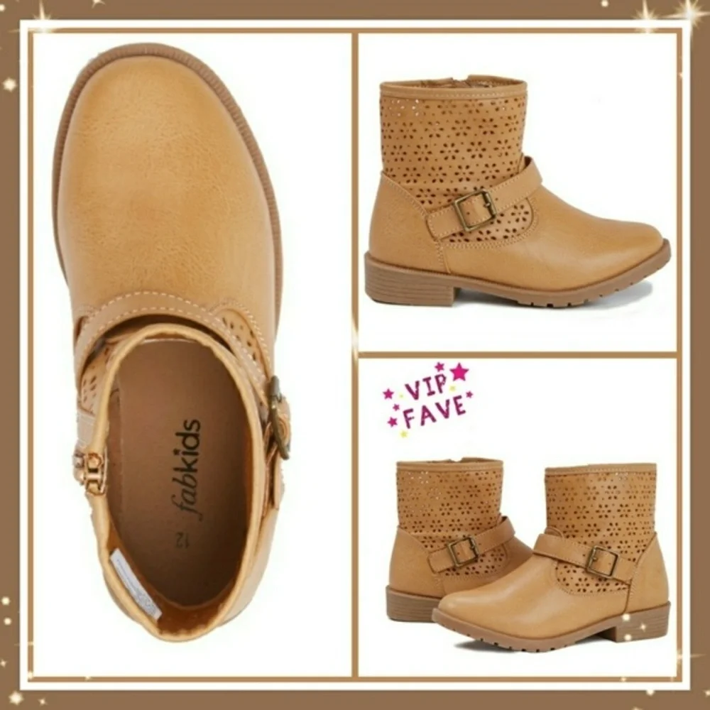 Fabkids ✦ Buckle Booties ✦ Tan Faux Suede Floral Cutouts Zip Ankle Support Sz 5